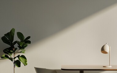 Minimalist Workspace with Green Plant and Sunlight on Beige Textured Wall