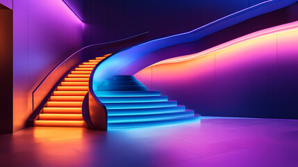 Obraz premium A modern, abstract staircase illuminated by vibrant neon colors, creating a futuristic and minimalist atmosphere. Ambient Fluorescence. Illustration