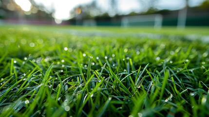 Close-up of slightly overgrown soccer field grass, lush green uneven texture, sports turf detail