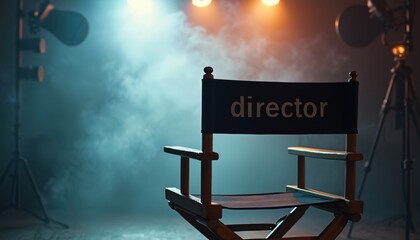 Black director chair with director word on in smoky ambiance, film studio. Film production, cinematic set, creative dark scene. Symbol of art, backstage, entertainment industry, script, media