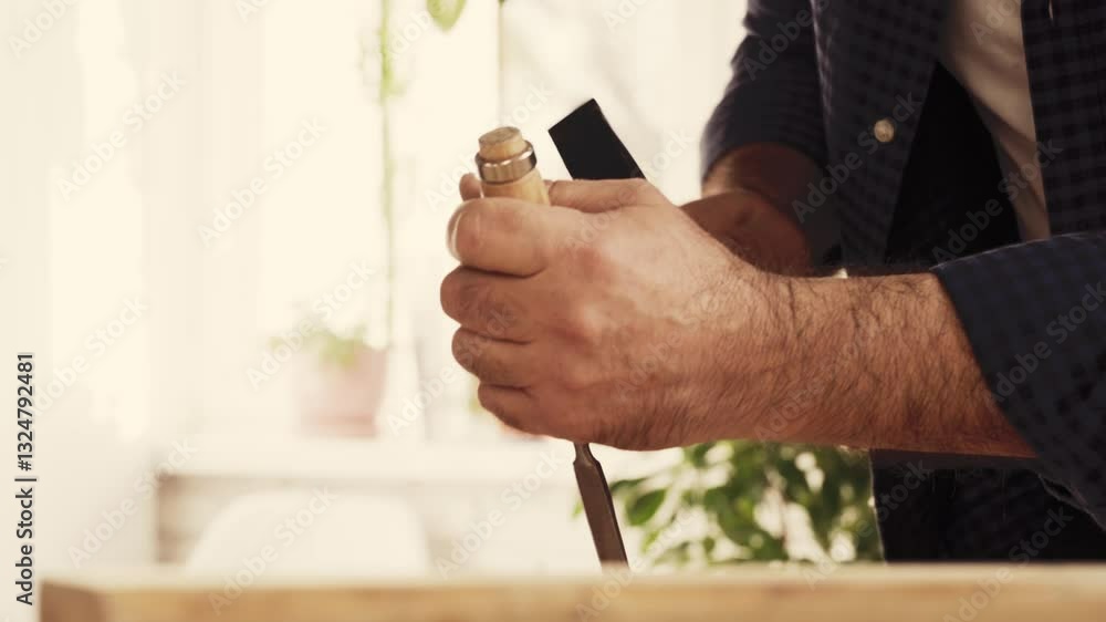 Poster craftsman using chisel and hammer to shape wood in bright workshop with plants