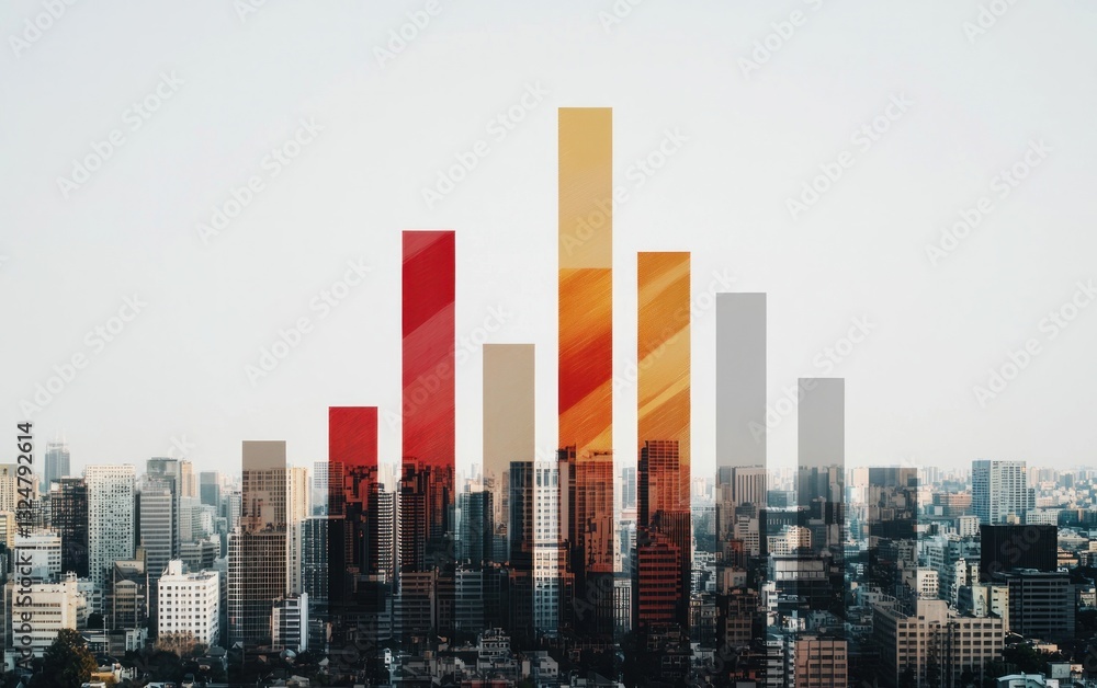 Poster abstract cityscape with upward trending bar graph overlay