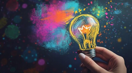 Hand sketching creative ideas in lightbulb outline on abstract background