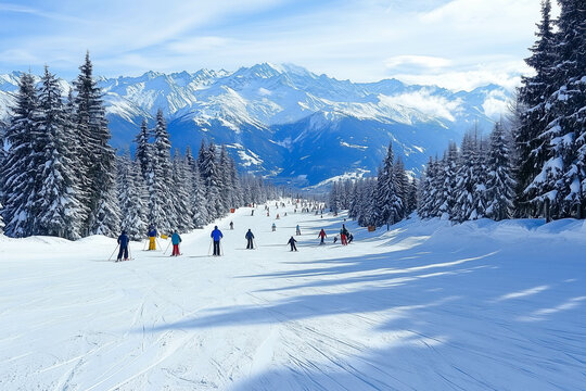 Skiers on snowy mountain slope with scenic alpine views