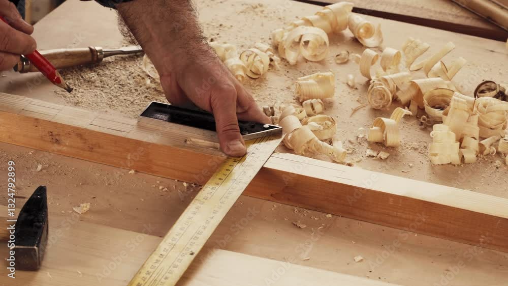 Poster craftsman measures and marks wooden board while working on carpentry project in workshop