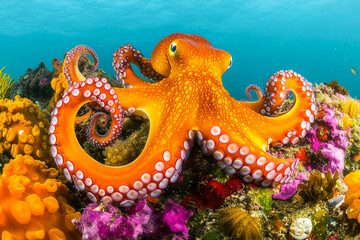 Vibrant orange octopus amidst colorful coral reef underwater scene