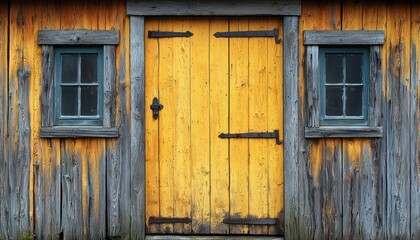 Rustic Charm: Weathered Wooden Shed with Yellow Door and Windows