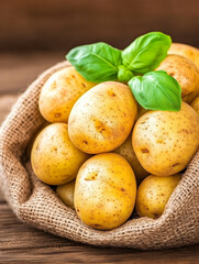 Fresh, golden potatoes in a burlap sack, topped with basil leaves
