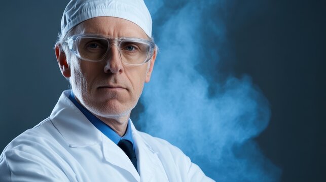 Elderly caucasian male scientist in lab coat with safety goggles and cap in misty laboratory