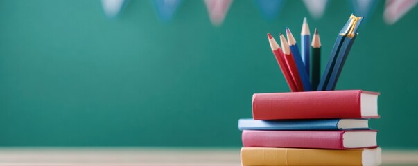 Stack of books and pencils on desk in classroom with green chalkboard