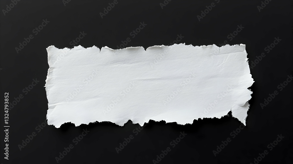 Poster close up shot of a torn white paper strip isolated on a dark black background showing a rough and te