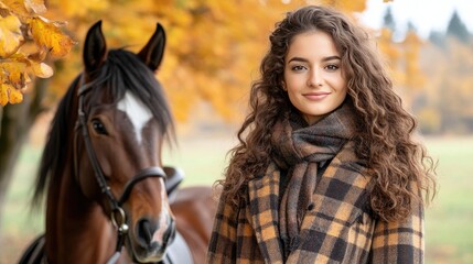 Fototapeta premium A young woman wearing a cozy plaid coat and scarf stands beside her horse in a tranquil field, radiating charm amidst nature's beauty.