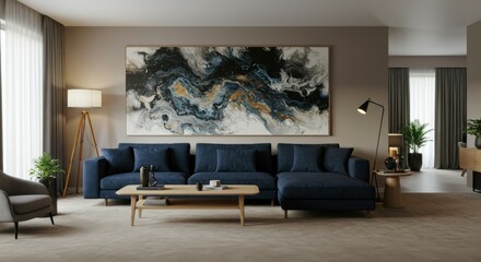 A serene and tastefully arranged living room, featuring a soft-toned sofa, a light wood table, and modern abstract decor.