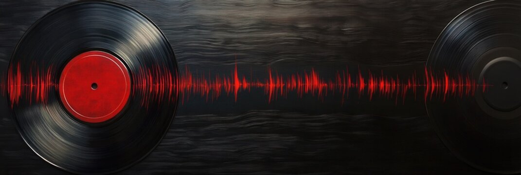 Vinyl record texture featuring rhythmic black and red soundwave ripples highlighting modern artistic design