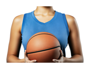 Female athlete holding basketball wearing blue jersey isolated on black, cut out