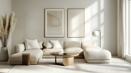 Scandinavian living room with beige sofa and minimalist decor