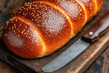 Freshly baked sesame seed bread loaf on rustic wooden board with serrated knife