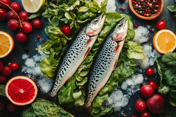 Fresh mackerel fish display with vegetables, fruits, and ice