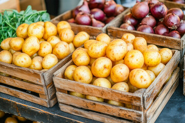 Fresh organic potatoes in wooden crates at farmers market