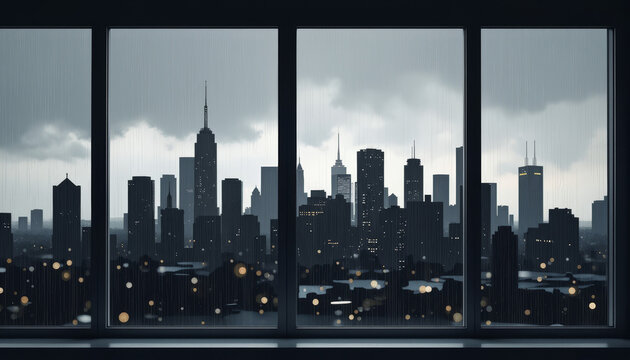 Urban skyline silhouette in rain viewed from window, subdued ambiance