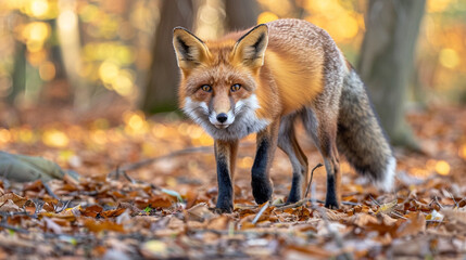 Fototapeta premium Close-up of a red fox in golden-hour light, rich orange fur, sharp piercing gaze