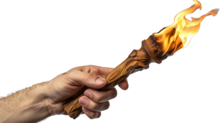 Hand holding a burning wooden torch with transparent background
