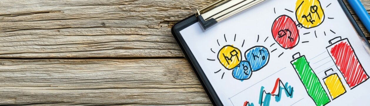 Hand-drawn finance chart. Business growth on clipboard. Wooden background. For presentation