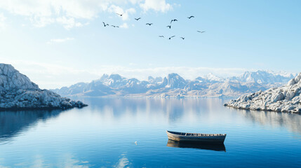 Tranquil lake with lone boat and birds in serene mountain landscape
