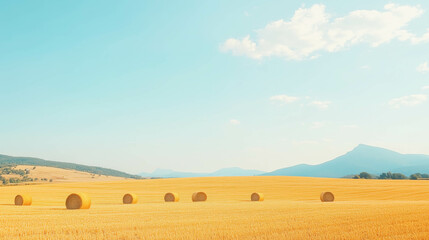 Golden hay bales in vast sunny field with blue sky and mountains in the distance