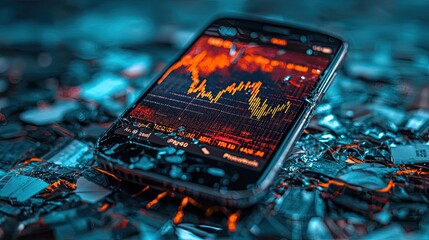 A cracked smartphone screen displaying a stock market app with falling numbers.