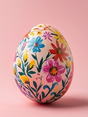 Fototapeta premium one Easter egg with colorful handpainted flowers on it, on pink background 