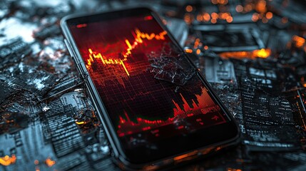 A cracked smartphone screen displaying a stock market app with falling numbers.