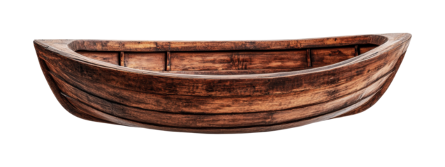 Rustic wooden rowboat with curved structure and textured surface, cut out