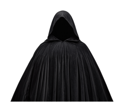 Mysterious hooded figure in black cloak, cut out