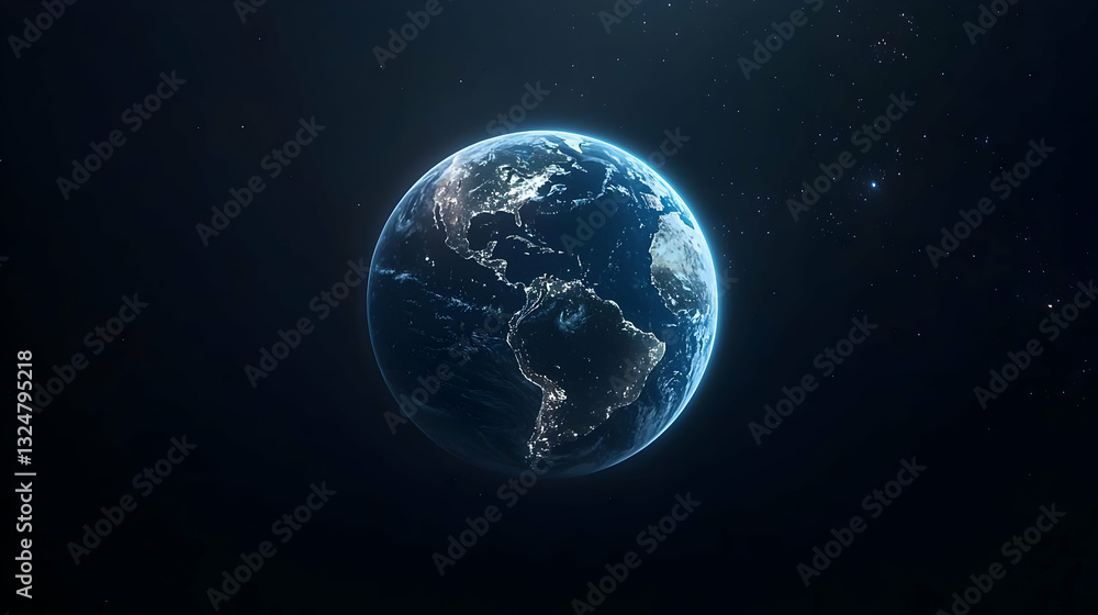 Poster digital earth sphere in deep blue space with illuminated pixelated surface and subtle starry backgro