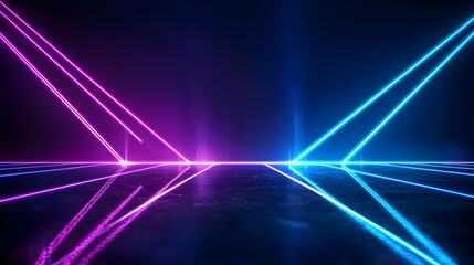 Vivid Neon Lights Illuminate Dark Stage with Reflective Floor in Abstract Synthwave Design