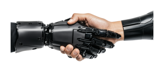 Human hand shaking robot hand in technology concept image, cut out