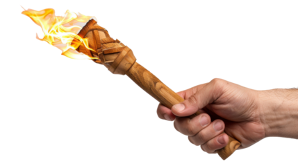 Hand holding burning torch with transparent background
