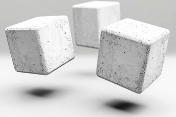 Floating concrete cubes on a minimalist white background