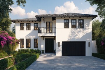 A contemporary two-story Miami home with pristine white stucco walls and striking black bamboo wood accents, topped with a slate grey Spanish tile roof