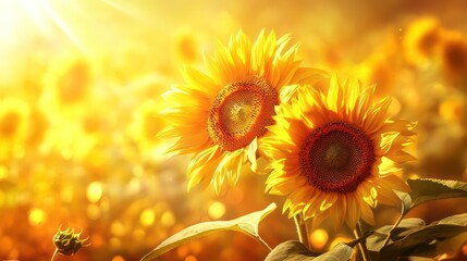 Naklejka premium Golden sunflowers bloom brightly in a sunny outdoor field setting