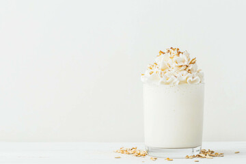 Creamy vanilla milkshake with whipped cream and crunchy toppings in a glass