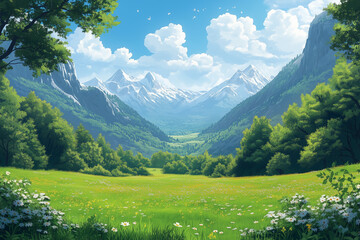 Fototapeta premium Summer natural landscape with green grass, bushes and trees on meadow in foot of high mountains. Cartoon vector panoramic scenery with grassland