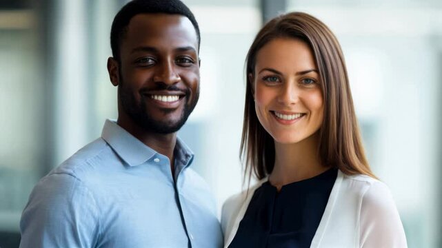 Smiling coworkers conveying confidence in a professional office. Two professionals look at the camera and smile in a workplace setting, reflecting confidence, security, and teamwork.