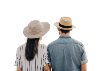 Caucasian young adults wearing hats viewed from behind in casual summer attire, cut out
