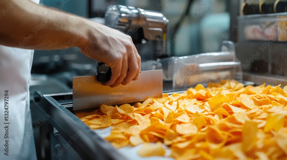 Poster in a modern production facility, workers utilize advanced ai technology to slice and prepare vibrant