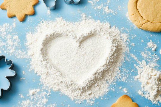 Heart shape in flour with cookie cutters and dough on blue background