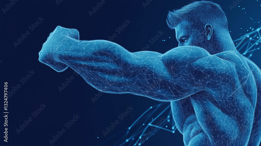 Poster abstract line mans hand. biceps made of lines and points. background athletics. blue structure style