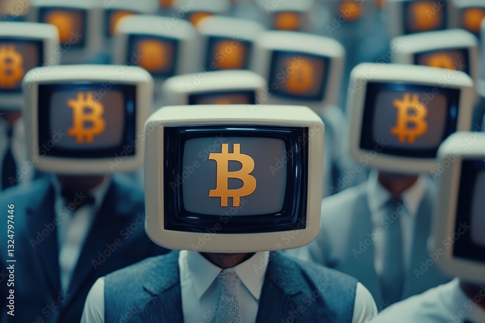 Poster group of individuals with computer monitors for heads showing bitcoin symbols during a digital finan