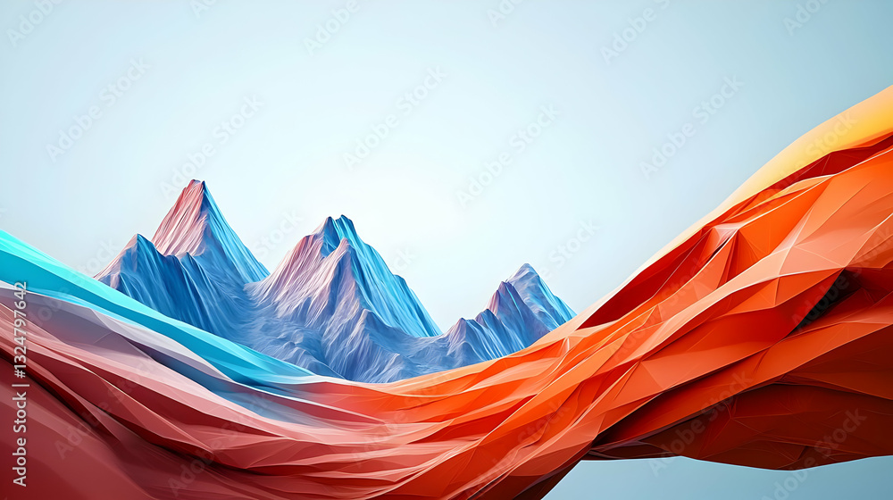 Poster abstract 3d render of a blue mountain range with orange and red wavy structures on light background